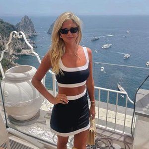 NWOT Reformation Robbie Linen Two Piece in Black White Sleeveless Top Skirt